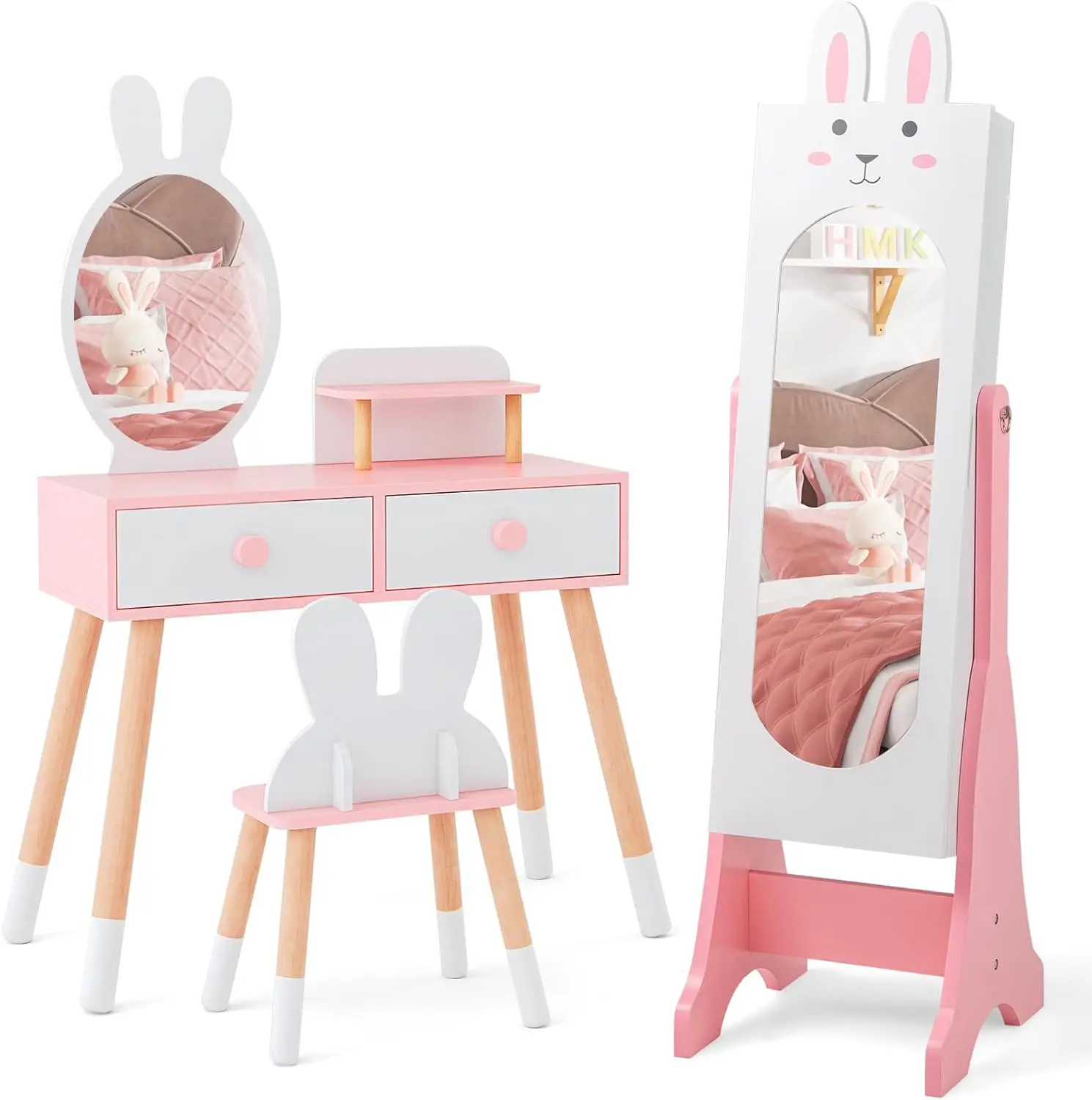 Kids Vanity Set & Jewelry Armoire Cabinet, Wooden Kids Vanity Table and Chair Set, Standing Jewelry Organizer with Full