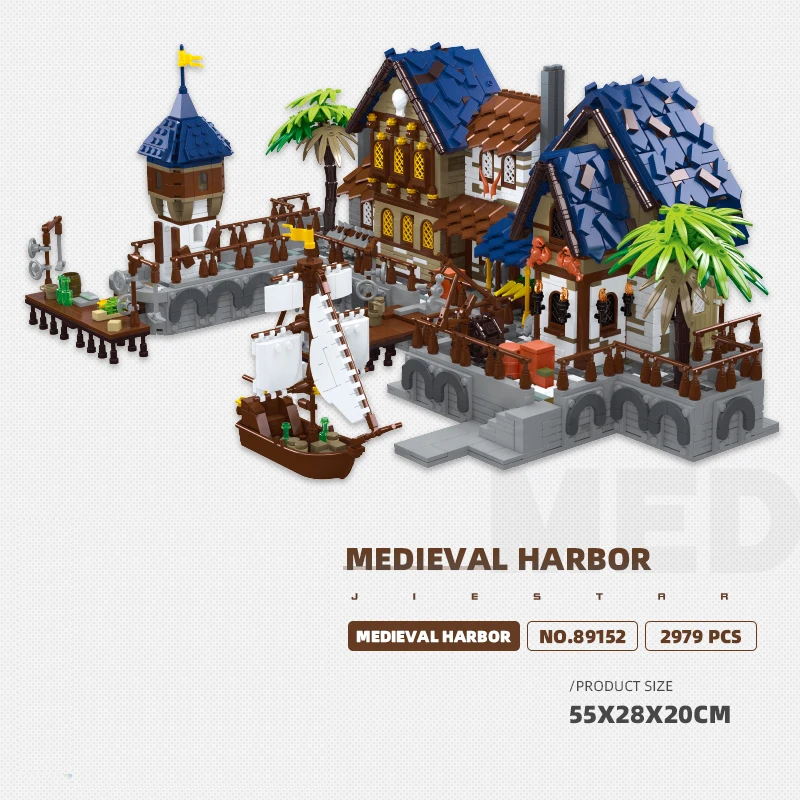 Arquitectura Medieval, muelle, puerto comercial, velero, transporte, barco, bloques de construcción, paisaje urbano, modelo, ladrillos, juguete Compatible con LEGO