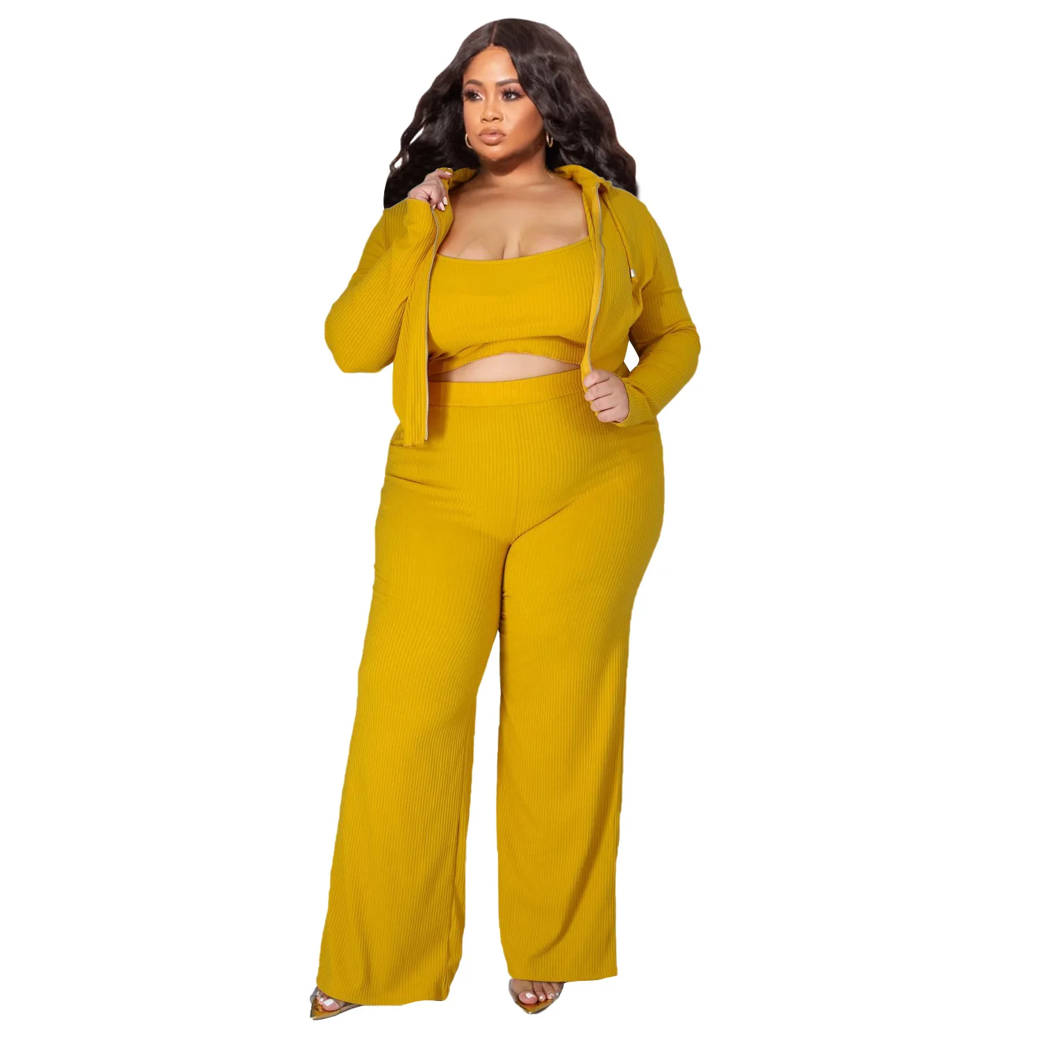 Autumn 2023 Plus Size Women Three Pieces Set Casual Long Sleeves Coat Vest and Pants Casual Tracksuits Outwear Outfits