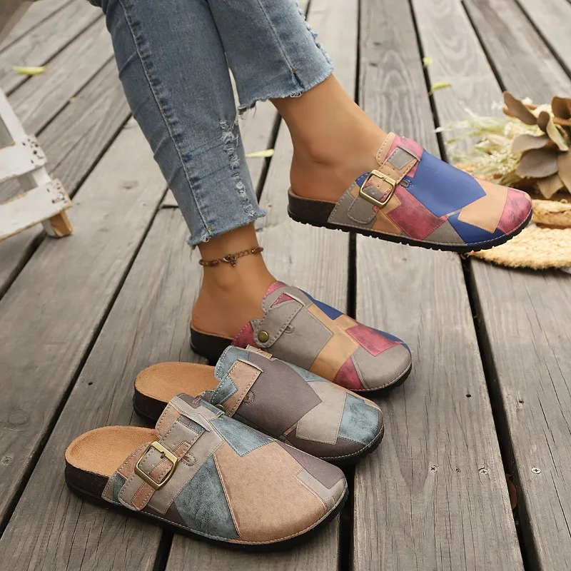 2026 New Trendy Round Toe Soft Soled Casual Women Beach Shoes Summer Fashion Splicing Design Adjustable Buckle Women's Mules