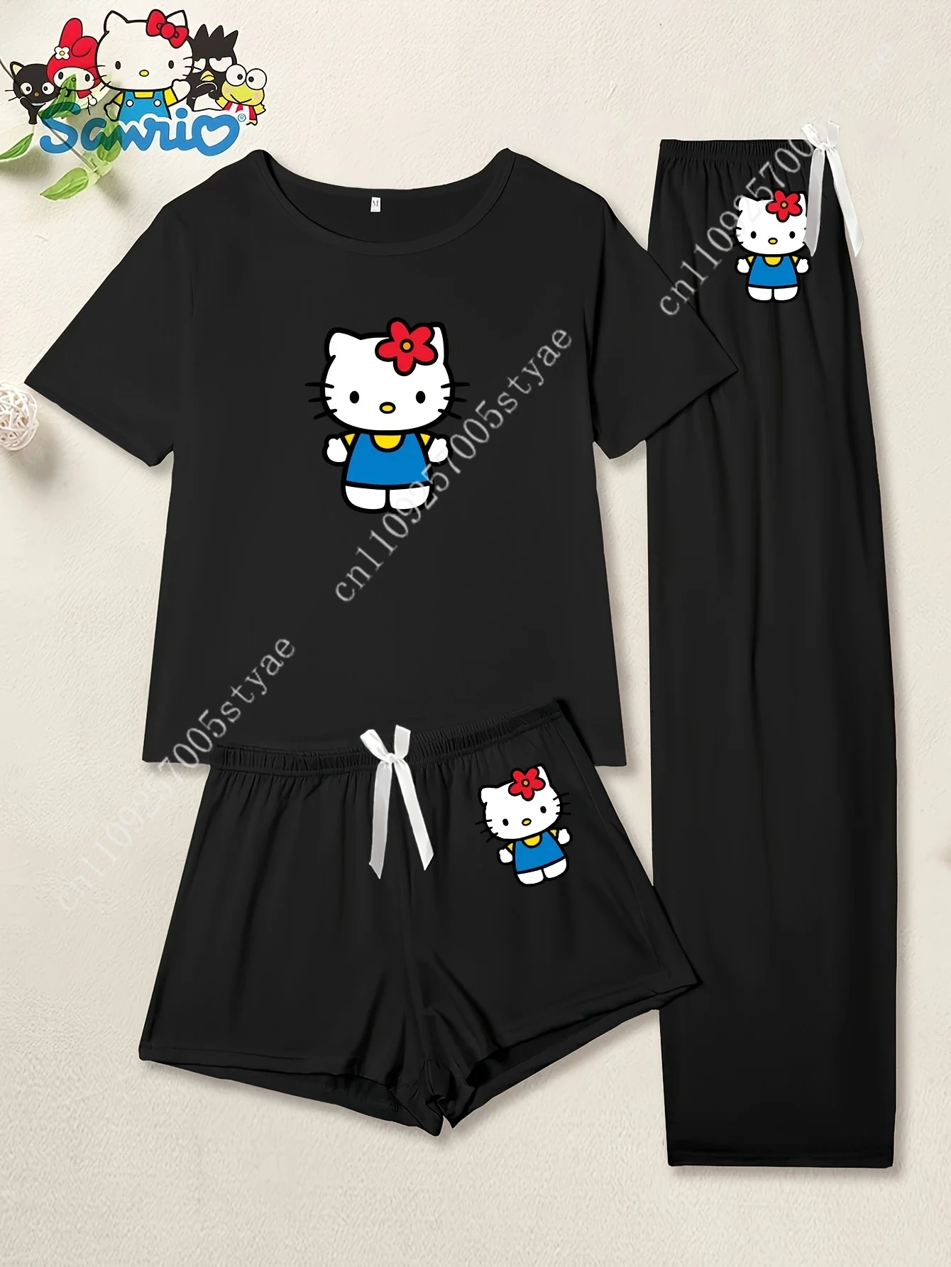 

Sanrio Family Women's Pajamas with Hello Kitty Print, 3pcs Set with Long Pants, Short-Sleeved Top, and Shorts for Spri