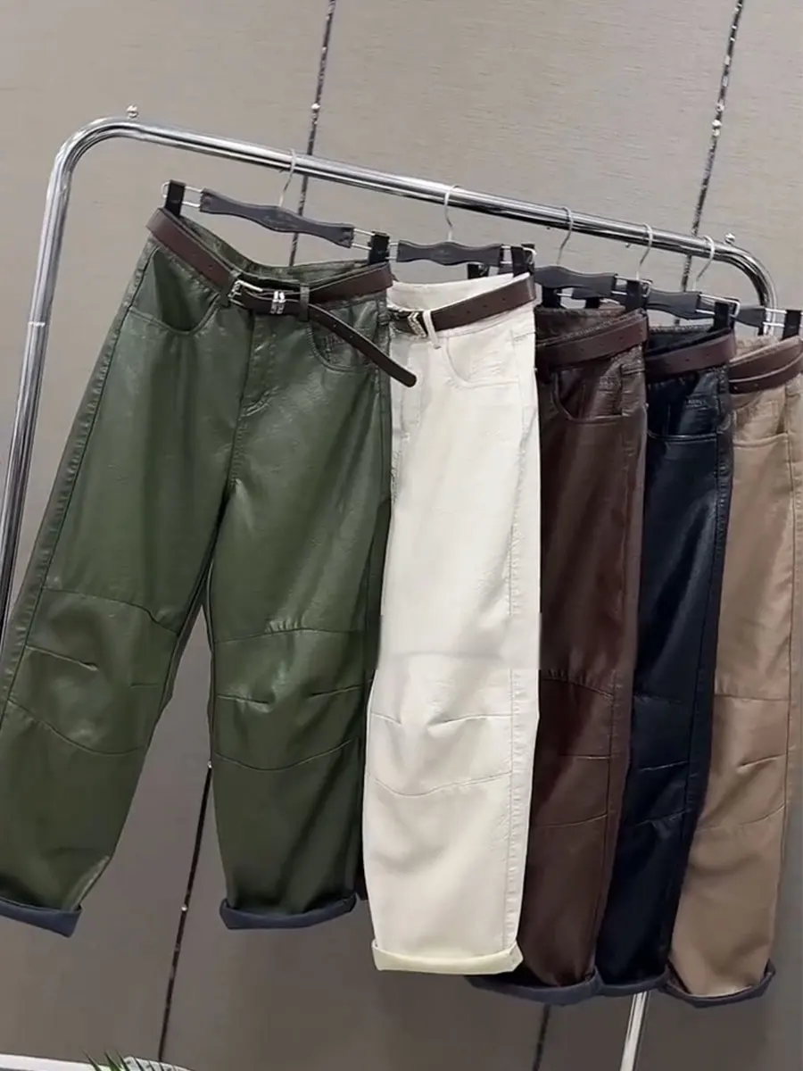 Spring Autumn Sand Washed Leather Pants High Waist Belted Casual Straight Leg High Fashion Large Size Women's Trousers 93cm Long
