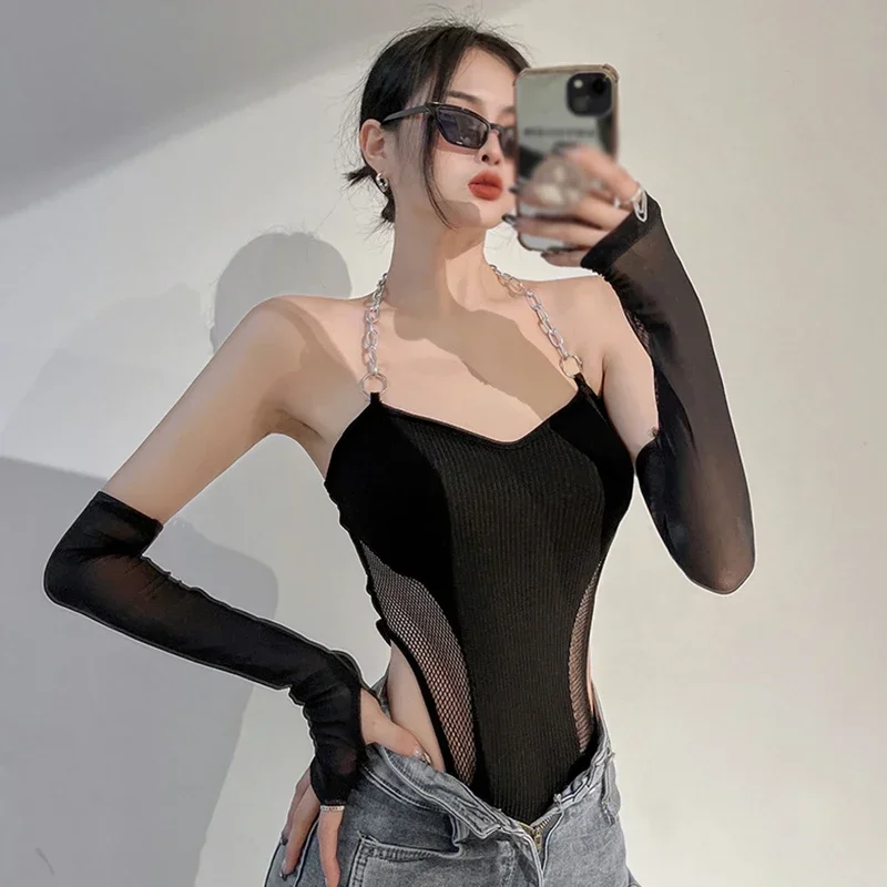 Chain Halter Basic Jumpsuit Women Bodycon Leotard Top Gauze Splicing Retro Slim Sexy Long Sleeves Hot Girl Streetwear