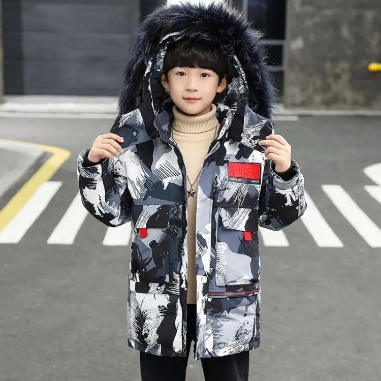 2023 Autumn Winter Boy Parkas Camouflage Hooded Thicken Warm Long Boy Outerwear Coat 4-12 Years Kids Teenager Boy Jacket Outfit