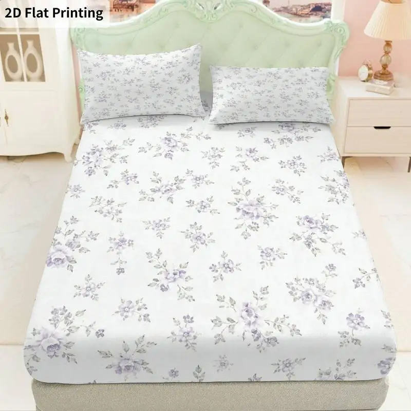 3Pcs Florallilac Fitted Sheet Three Piece Set (1*Fitted Sheet + 2*Pillowcases, Coreless), Bedding Set