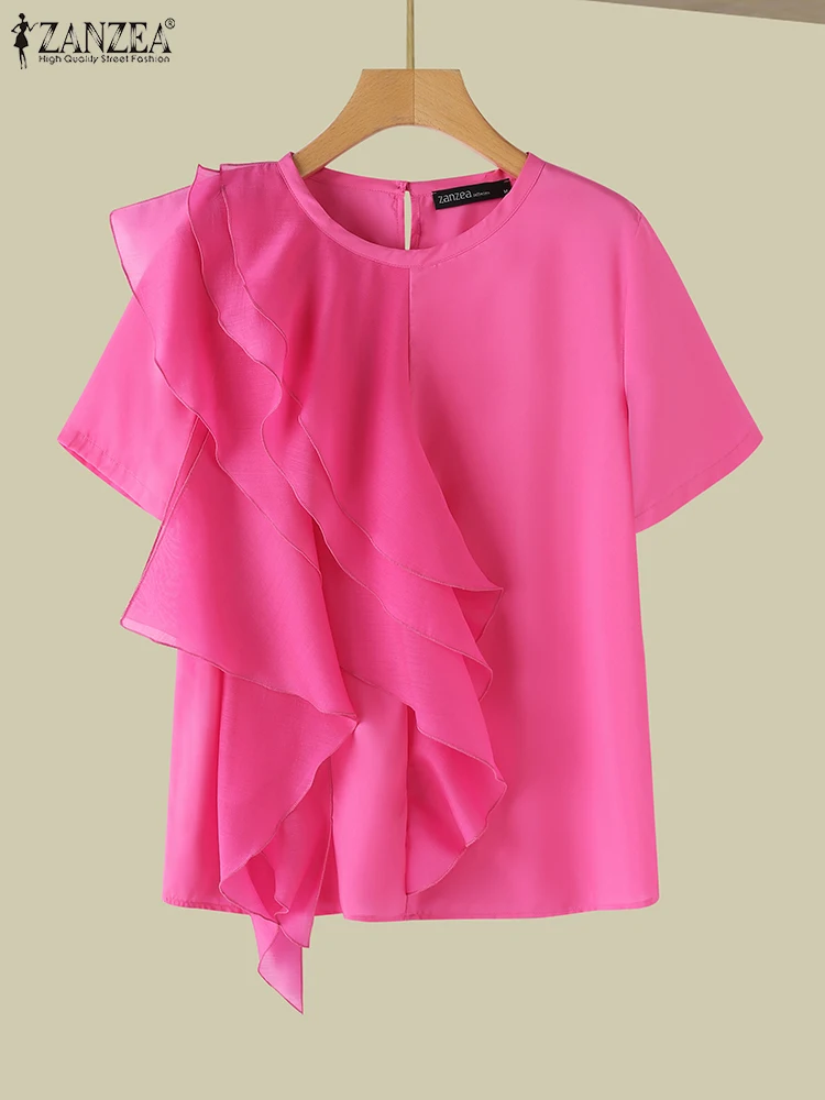 ZANZEA-Blusa de manga corta con volantes para mujer, Top holgado informal con cuello redondo, color liso, 2024