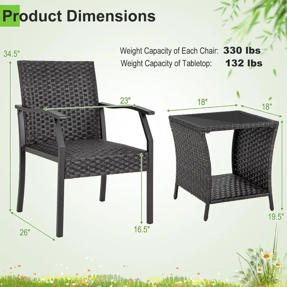 3 Pieces Patio Wicker Chair Set, Waterproof All Weather Resistant Heavy Duty Outdoor Conversation Set with Quick Dry Foam