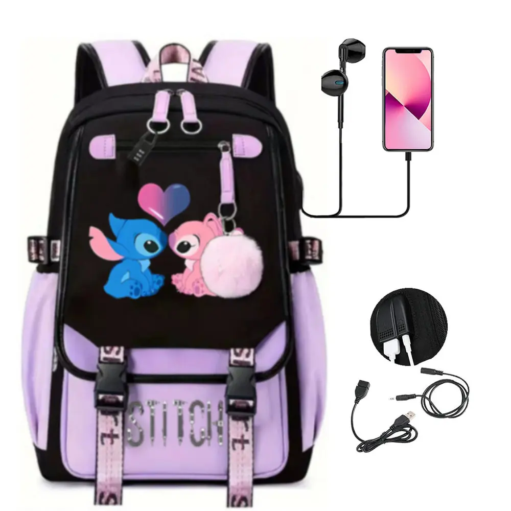 

MINISO Lilo And Stitch USB Charge Laptop Backpack Boys Girls Printe Teens Laptop School Bags Women Men Travel Mochila Escolar