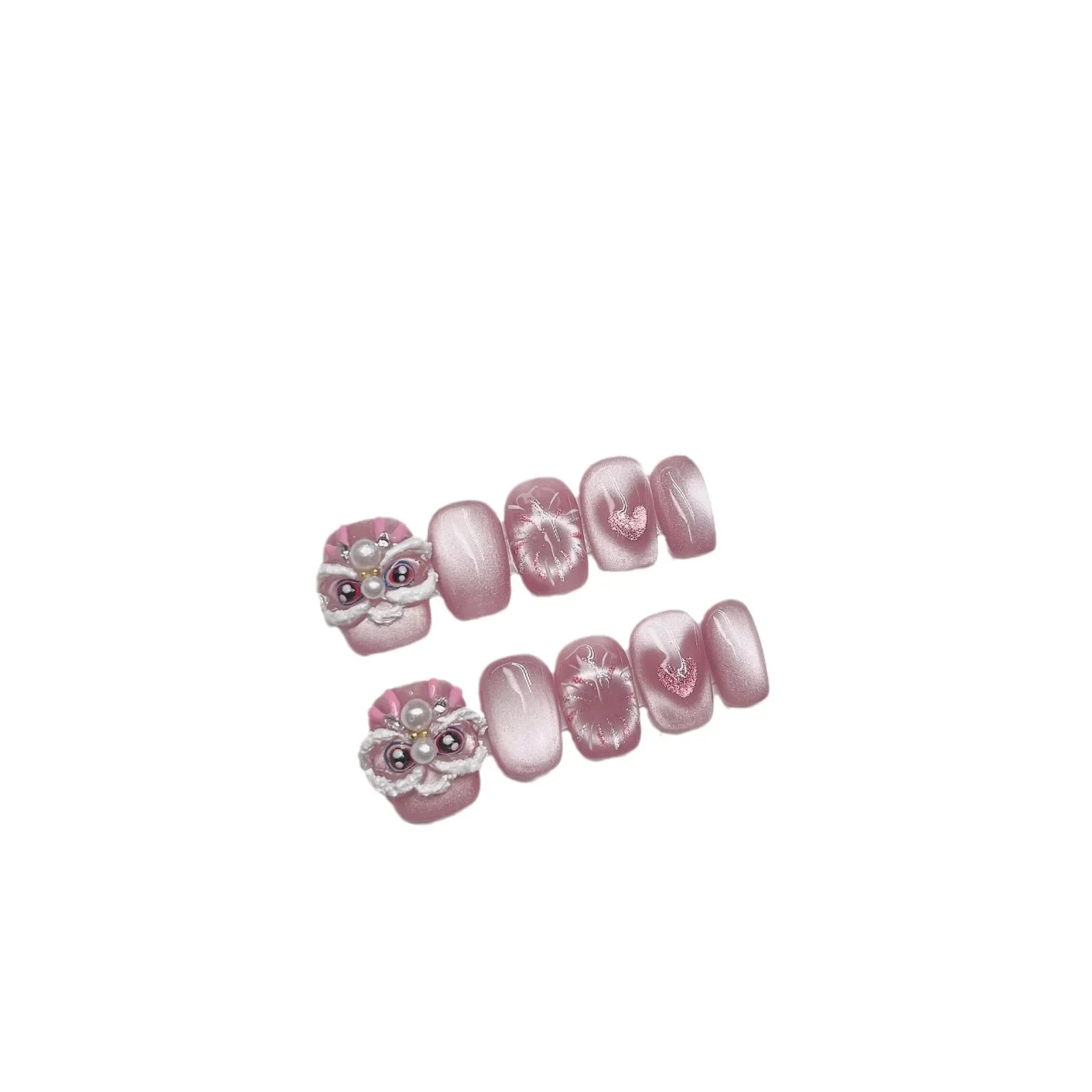 

10pcs Ballet Nail Shape Shiny Champagne French Pink Love Handmade Nail Art 3D Embossed Lion Cat Eye False Nails for Party Wear
