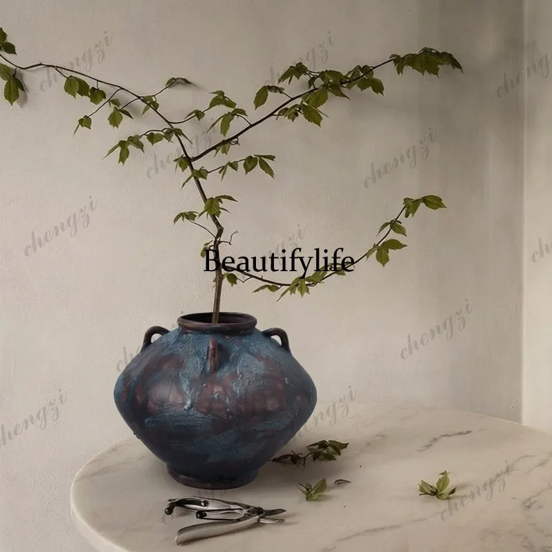 Wabi-sabi wind, new Chinese-style handmade patina ceramic vase, soft flower ornament in hotel model room