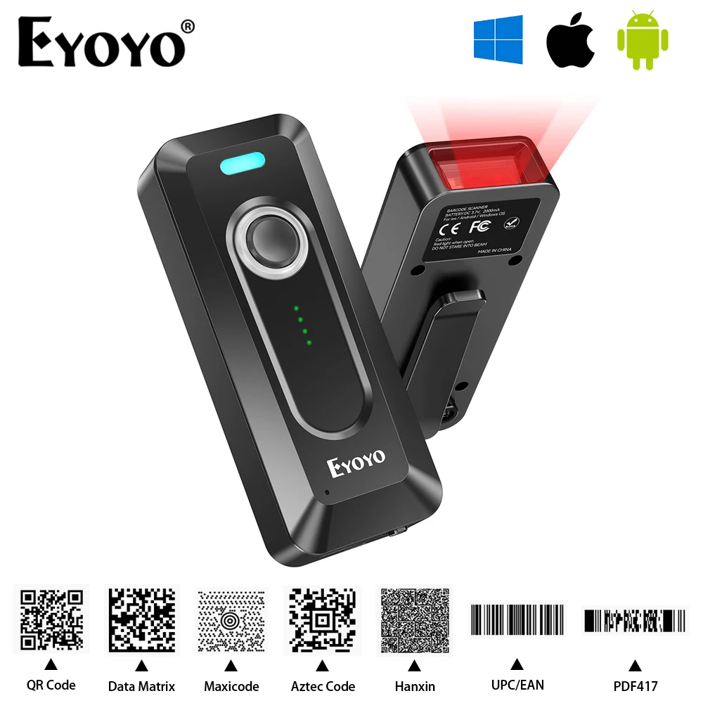 

Eyoyo EY-039 Wireless 1D/2D Bluetooth Barcode Scanner with Level Indicator Portable QR Image UPC/EAN/Code39 Mini Bar Code Reader