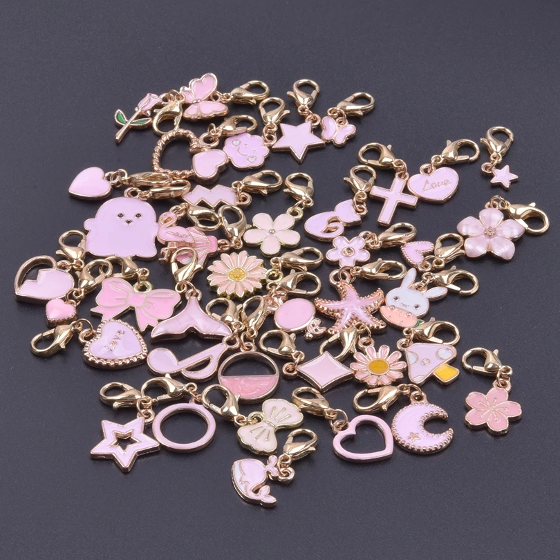 Mix Pink Flower Animal Charms With Lobster Clasp For Jewelry Making Supplies Cute Heart Moon Pendant DIY Backpack Keychain Charm