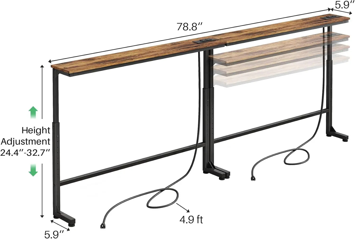 طاولة كونسول ضيقة مكونة من قطعتين مع ارتفاع قابل للتعديل (25 بوصة - 33 بوصة) ومنفذين طاقتين، ضيقة خلف طاولة الأريكة، بطول 79 بوصة × عرض 5.9 بوصة #3