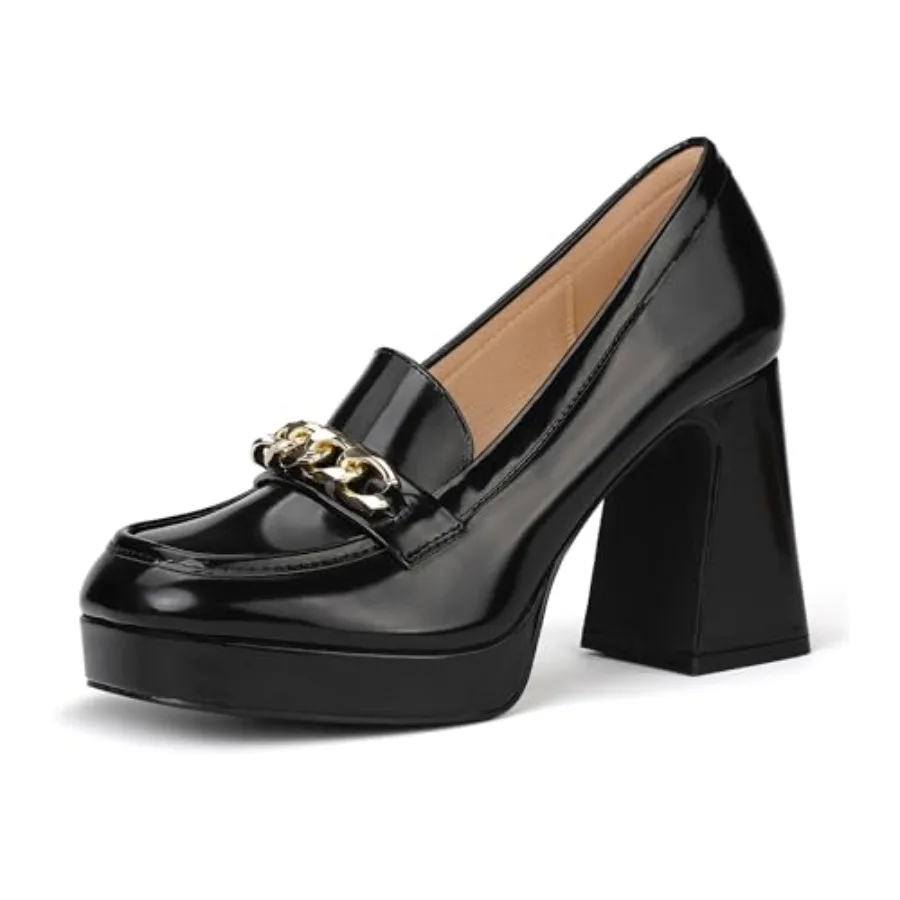 

IDIFU IN4 Platform Heels Square Closed Toe Chunky Block High Penny Heeled Loafers with Metal Chain Wedding Prom Graduation Form