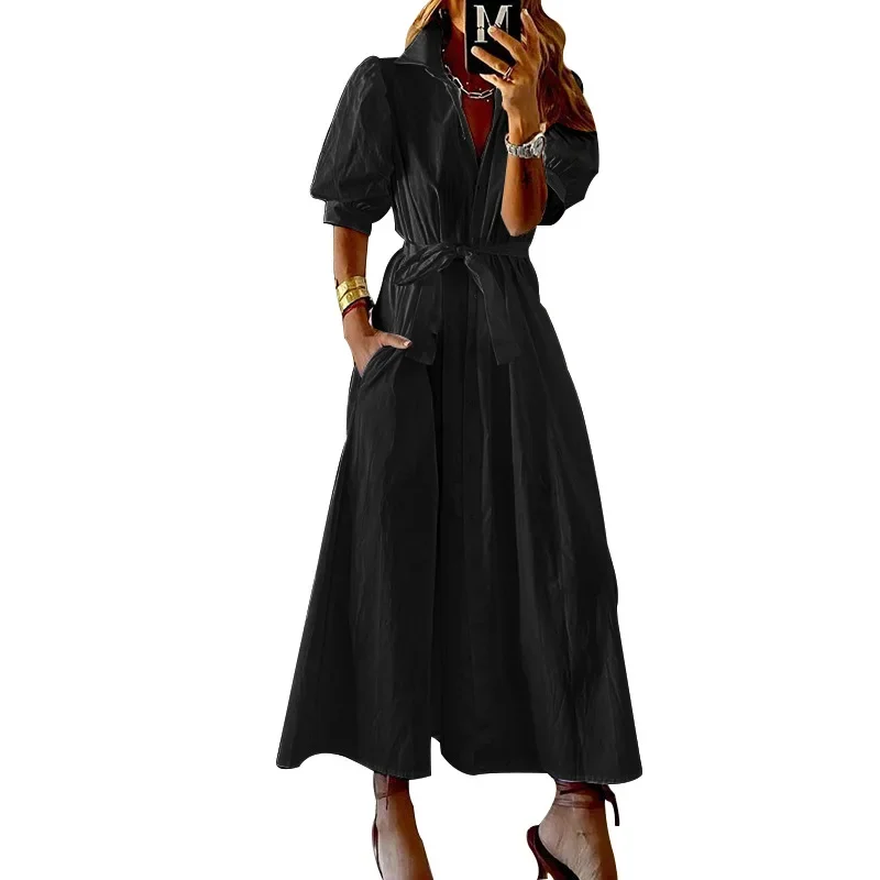 2024 Women Elegant Long Shirt Dress Chic Loose Autumn Winter Short Puff Sleeve Single Breasted Lace Up Maxi Dress Streetwear