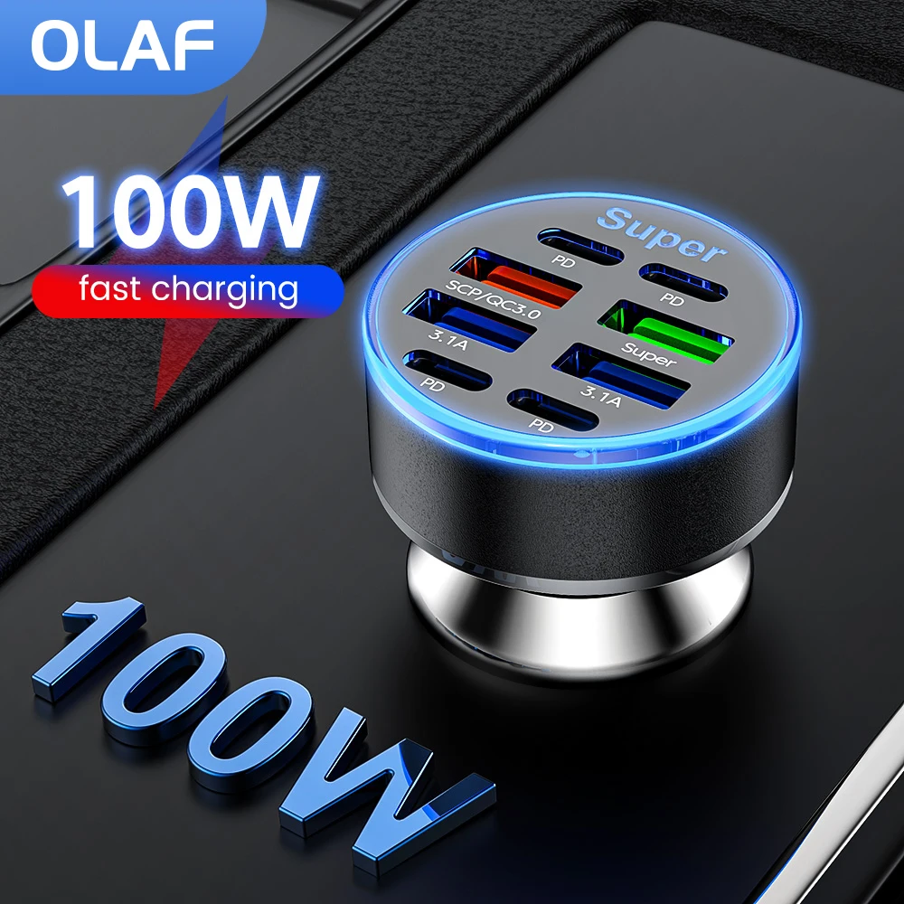 8 Ports 100W USB Car Charger Type C Fast Charging Car Phone Adapter For iPhone Xiaomi Huawei Sumsung Charger Cigarette Lighter