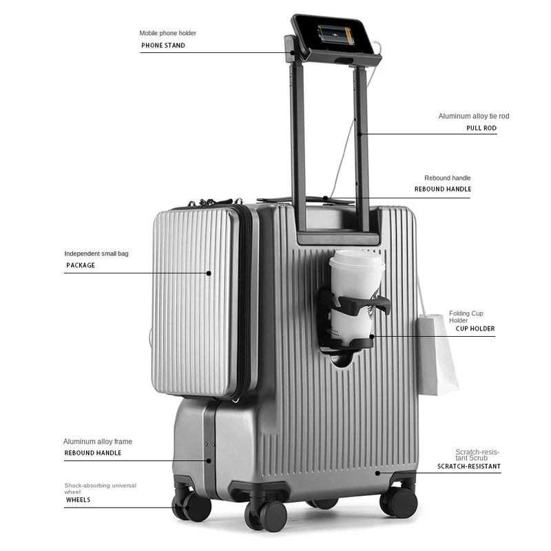 صندوق الصعود 20 بوصة مع حقيبة معلقة جانبية حقيبة تروللي بعجلات متعددة الوظائف مع حامل الكأس USB حقيبة سفر للأعمال مقصورة الرحلة