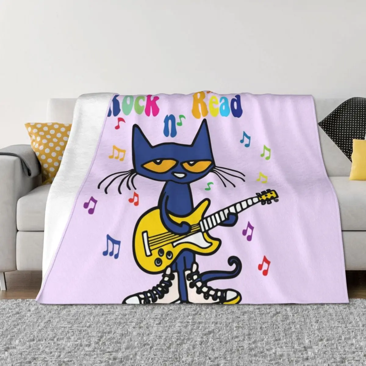

Rock and Read Pete the Cat with his yellow Guitar and white Shoes Throw Blanket Moving Hair Beautifuls Blankets