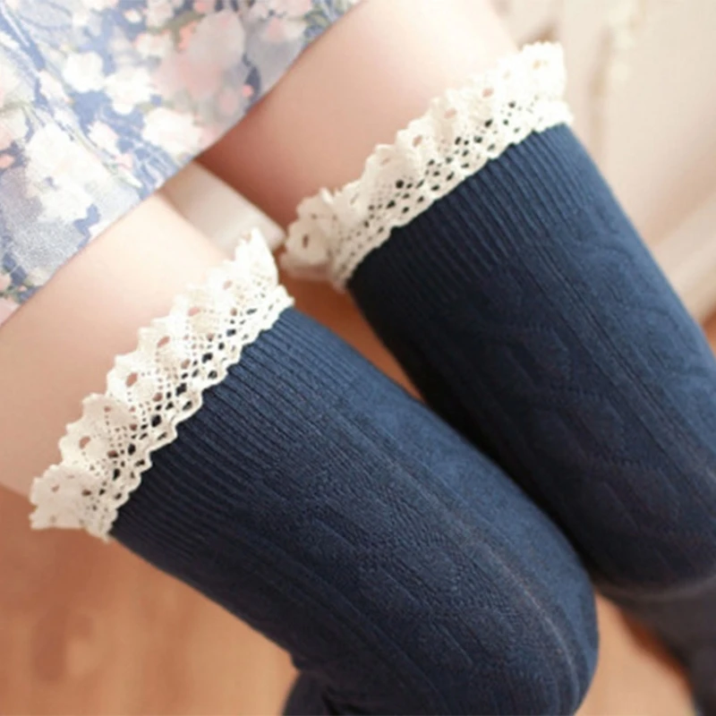 Women Cable Knit Thigh High Stockings with Lace Trim Striped Over Knee Socks