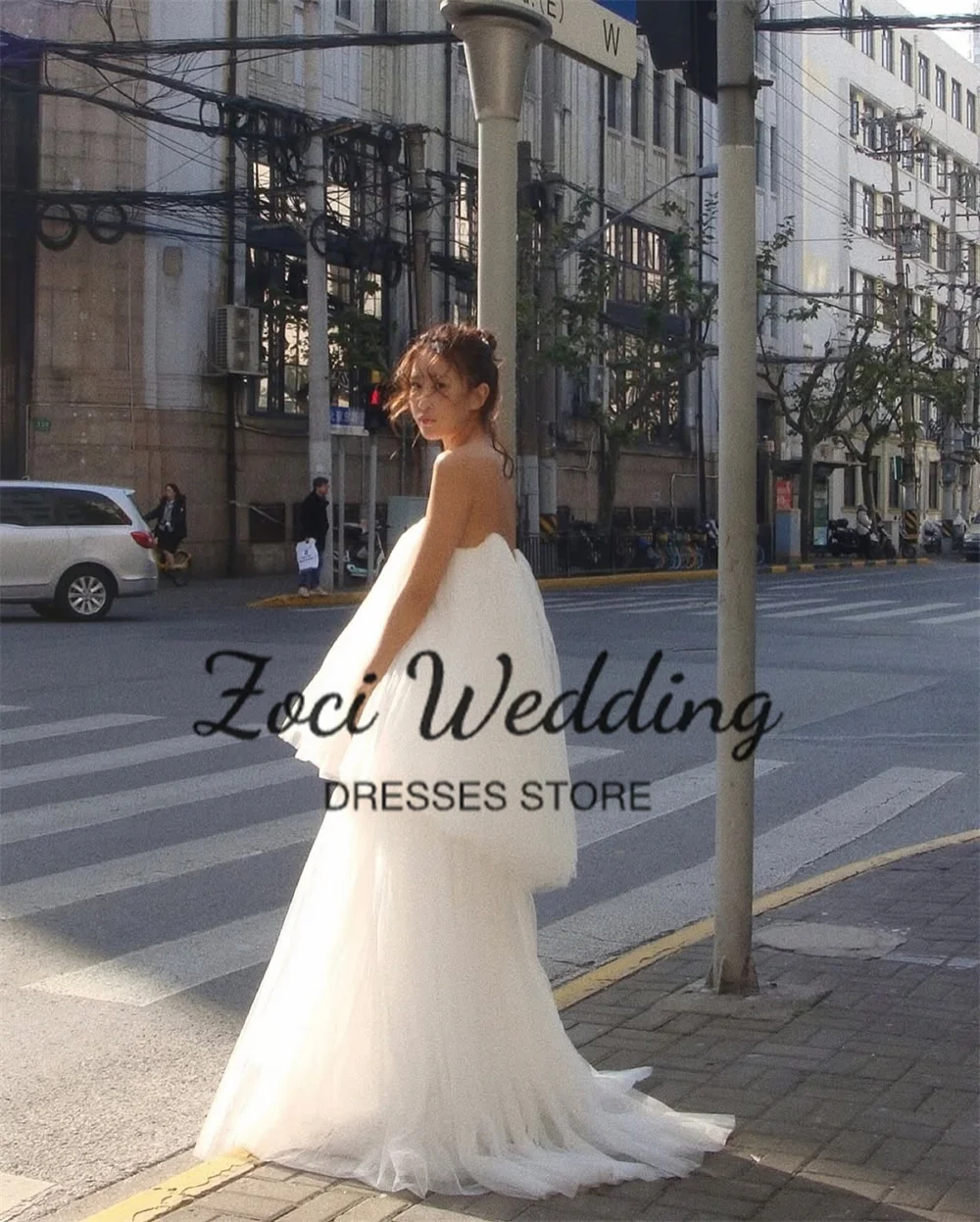 Zoci Elegant Tiered Tulle Korea Wedding Dresses Customized Strapless Photos Shoot Dress Corset Backless Pleats Bridal Party Gown