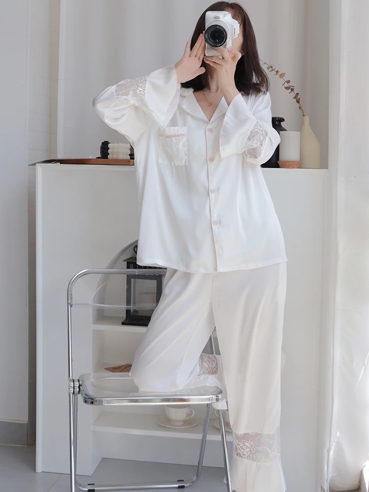 Lace Hollowed Out Ice Silk Pajamas Set Spring Autumn Women\'s 2024 New Imitation Satin High-end Lace Home Suit Sexy Sleepwear