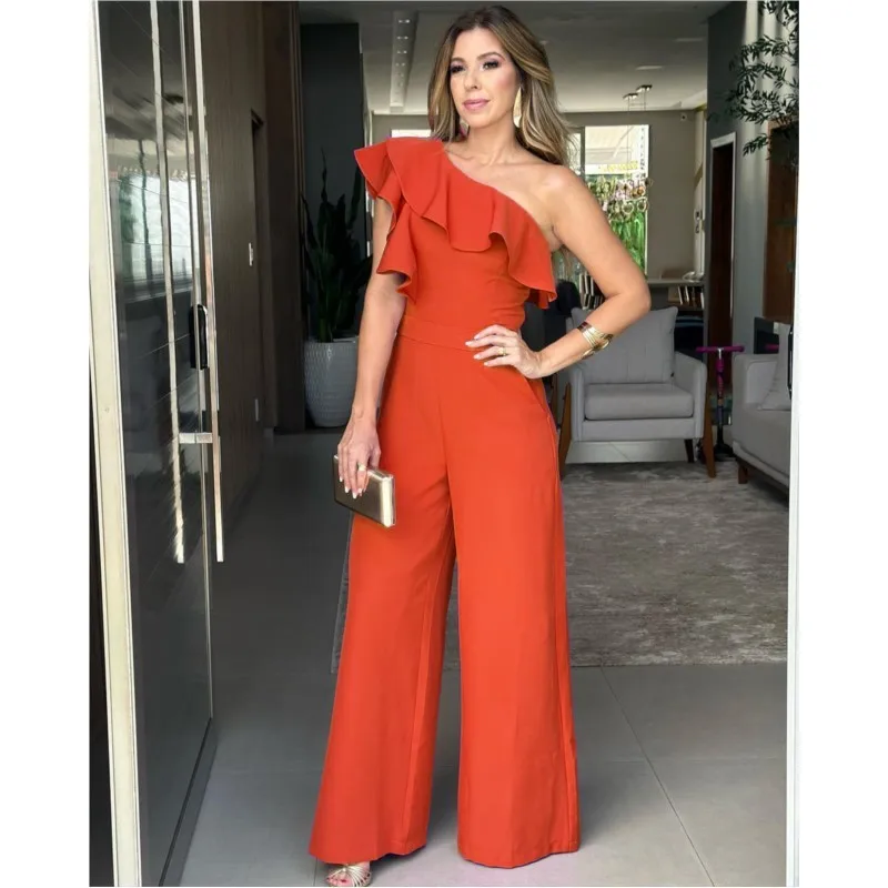 Women's Jumpsuit Fashion Elegant office Long Jumpsuit for Woman Summer New Solid Sleeveless Ruffle Hem One Shoulder Jumpsuits