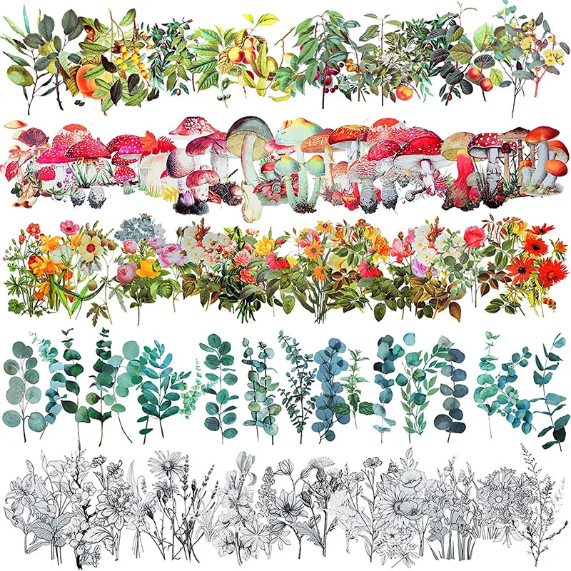 200 Pcs Transparent Flower Eucalyptus Plant Stickers Set Journal Floral and Plant Theme PET Decorative  Scrapbooking Stickers