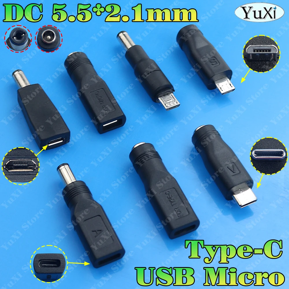 1pc Type-C Micro USB to DC 5.5x2.1mm Power Converter Adapter USB C to DC Charging Jack Plug 5V Male Female AC to DC 5.5 * 2.1MM
