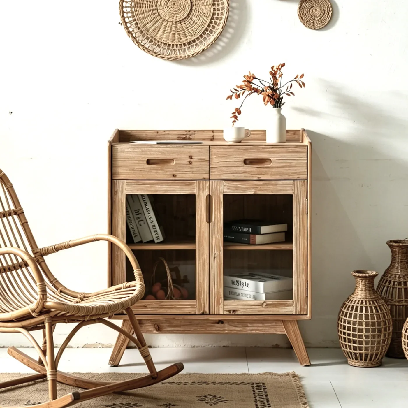 B & B retro glass door dining side cabinet wabi wind kitchen dishes storage locker American solid wood tea cabinet