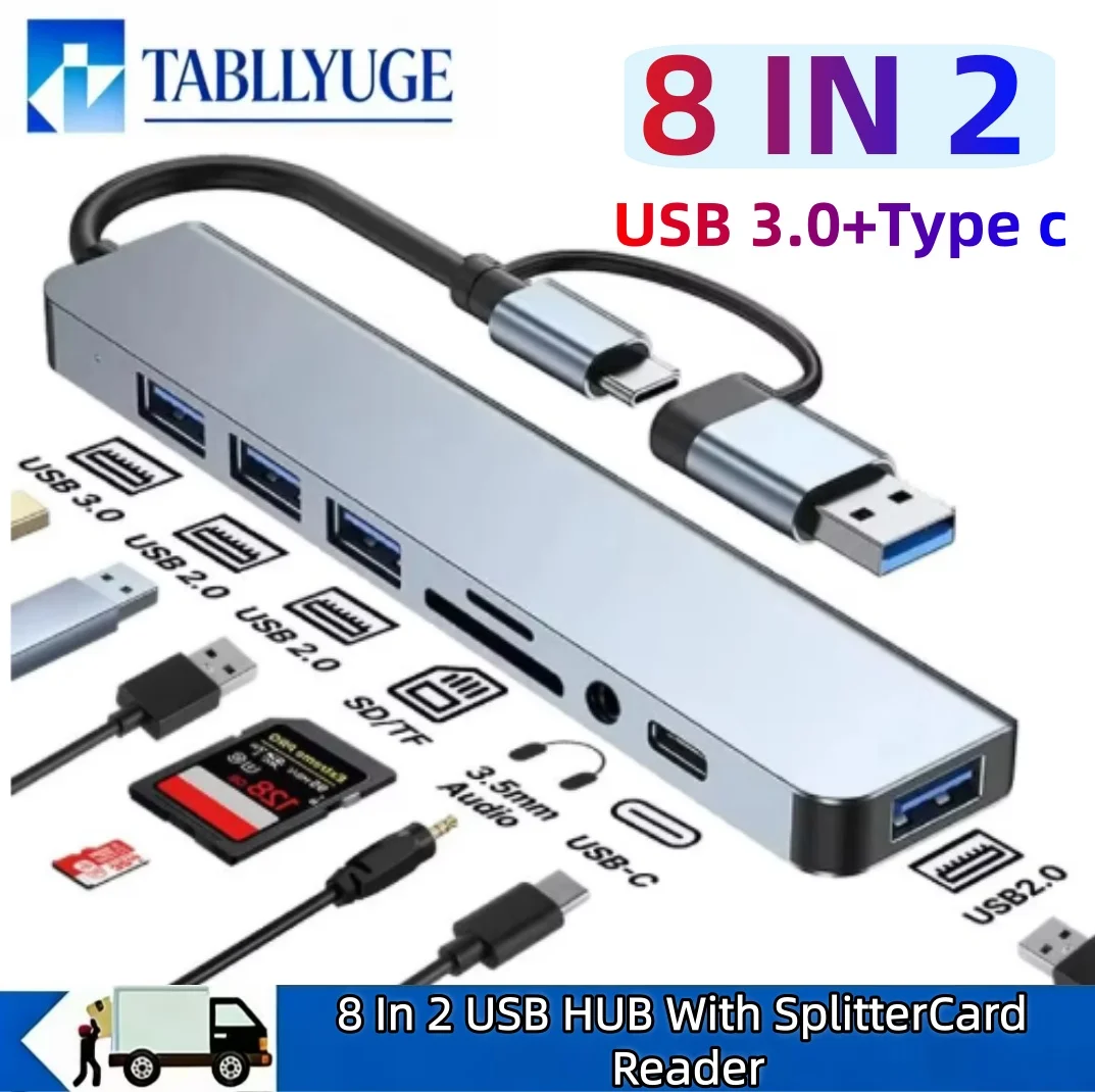 8-in-2 USB  Type-C Docking Station Hub Adapter With 3.5mm Audio Jack  Micro SD Card Reader  Compatible With Laptops  Tablets