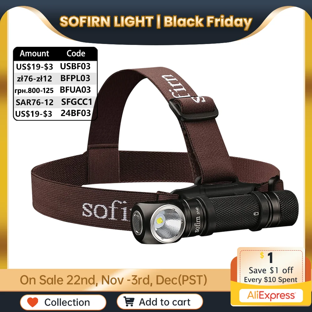 Sofirn Headlight SP40 1200lm LED Headlamp XPL2 18650 USB C Rechargeable 18350 Flashlight with Power Indicator Magnet Tail