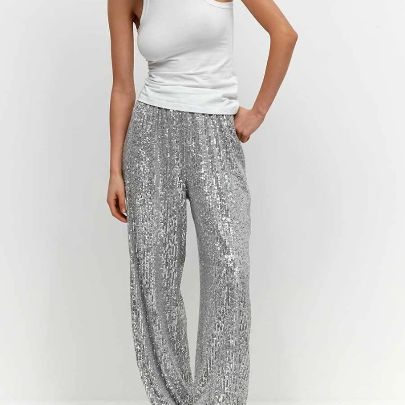 Elegant Sequined Pants Y2K Pearl Sequined Straight Mop Pants Spring and Autumn Fashion Commuter Women's Wear