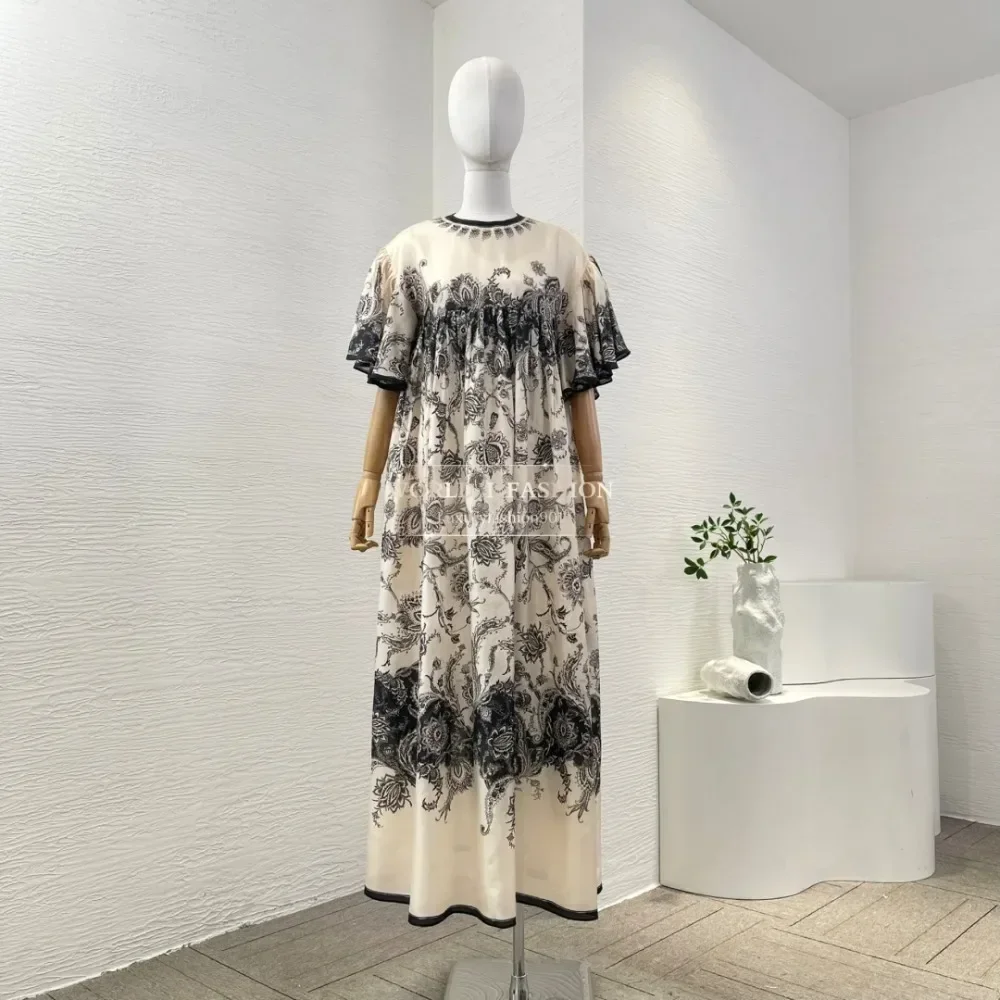 

High Quality Black Floral Print Short Sleeve Ruffles Midi Dress 2025 Silk