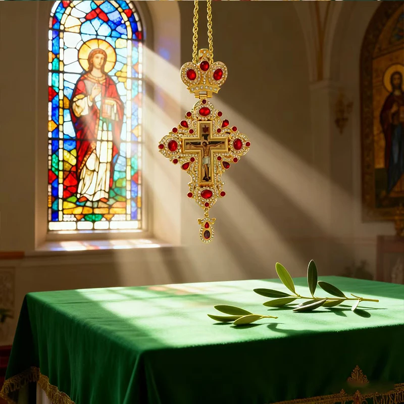Vergoldetes Orthodoxes Brustkreuz mit blauer Kristalleinlage und Kruzifix-Ikone, Hochwertiger liturgischer Schmuck für Priester in der Kirche – Detail 10