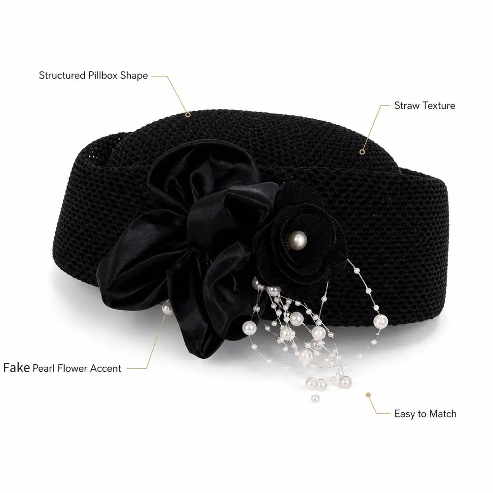 New With Flower Straw Pillbox Hat Structured Crown Round Shape Round Dress Hat Solid Vintage Style Painter Hat Daily Outfits
