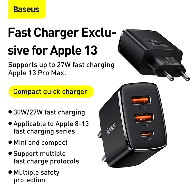 Baseus 30W USB Charger QC3.0 PD3.0 Type C PD Fast Charging 3 Ports Quick Phone Charger For iPhone14 13 12 Pro Max Xiaomi Samsung