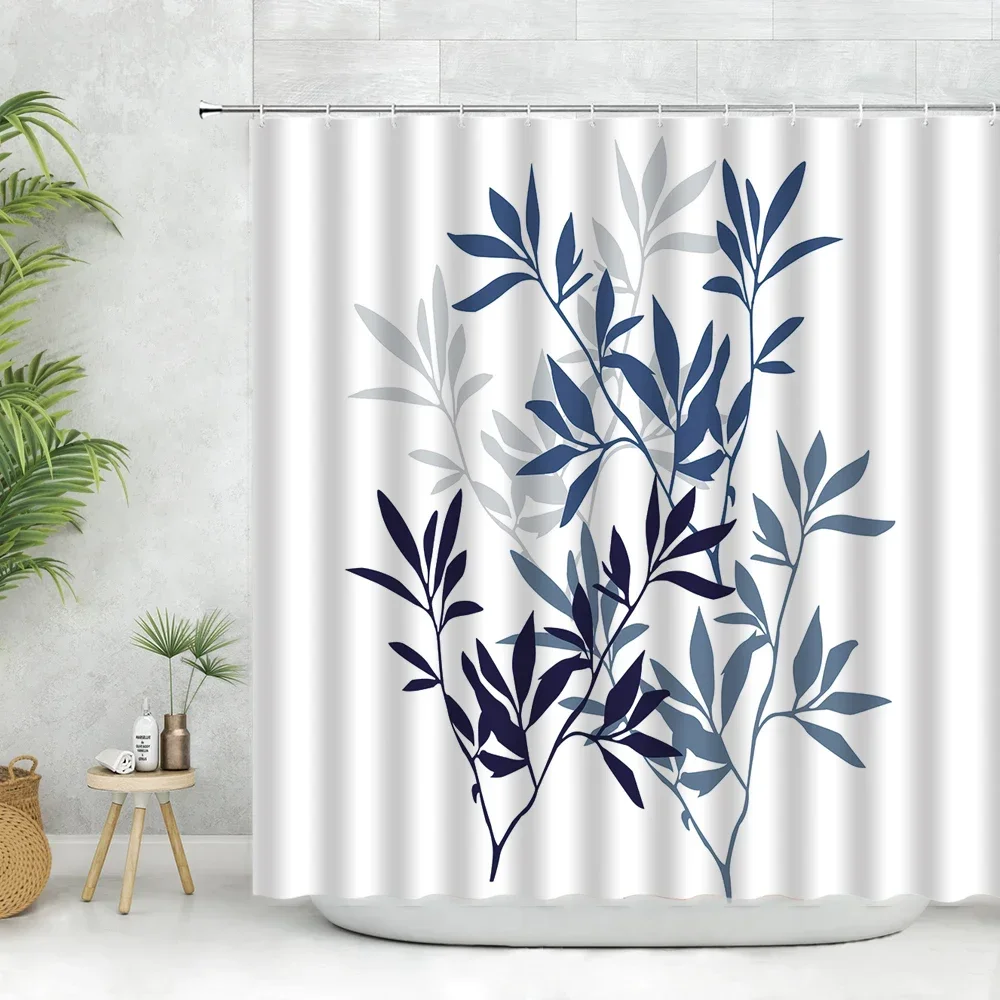 Blue Leaves Fabric Shower Curtain Set Branches Watercolor Plant Green Leaf Printing Bathroom Decor Bathtub Curtains Polyester