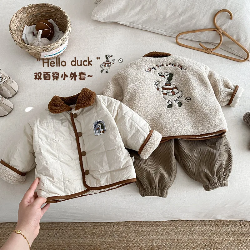 Children's Double-sided Outerwear 0-5 Years Old, Winter Boys' Fashion with Plush Sweater, Baby Granular Plush Cotton Clothing