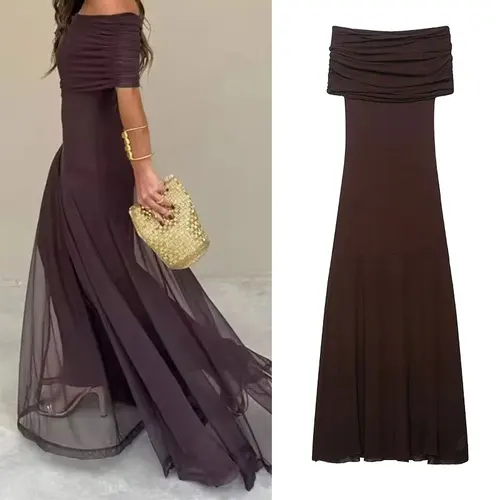 Vestido Sexy sin mangas para ir al trabajo, vestido largo ajustado sin tirantes de cintura alta, vestido de fiesta de Color sólido con empalme de malla elegante para mujer