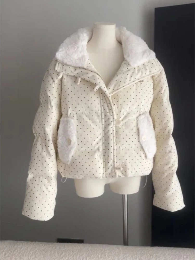 Fluffy Patchwork Polka Dot Stand Collar Parkas Age Reduction Loose Slim Coat Small Fellow Korea Chic Ins All-match