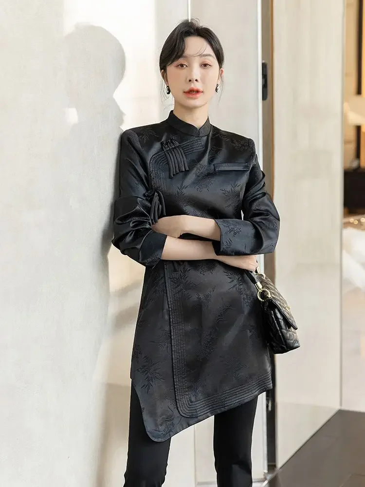 Chinese Style Improved Cheongsam Jacquard Blouse for Women Retro Stand-up Collar Long-sleeved Elegant Black Slim Long Shirt 2023