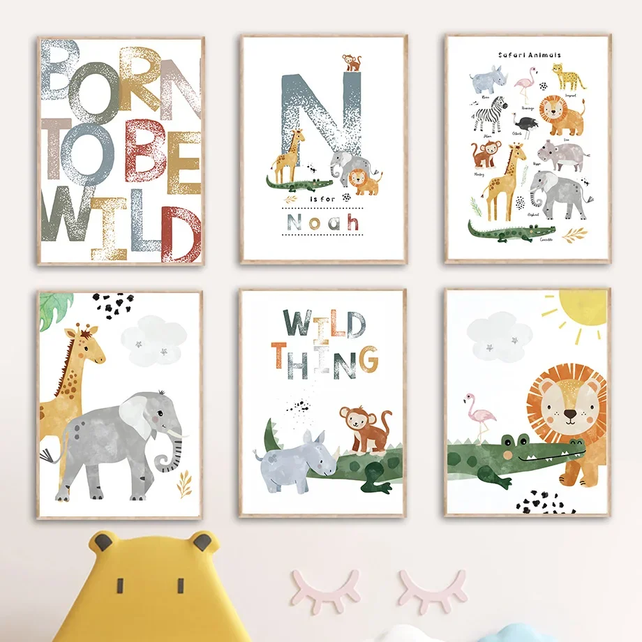 

Lion Elephant Giraffe Jungle Animal Nursery Nordic Posters And Prints Baby Name Wall Art Canvas Painting Picture Kids Room Decor