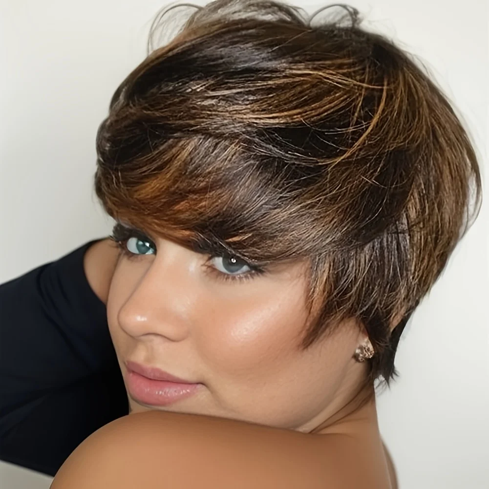 

Human Hair Wig Highlight Pixie Cut Wig Short Wig With Bangs Human Hair Wig For Women