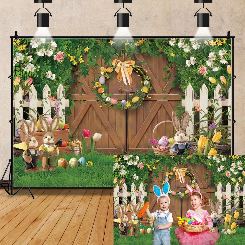 Mùa Xuân Lễ Phục Sinh Phông Nền Chụp Ảnh Tai Thỏ Trứng Vườn Hoa Bé Chân Dung Chụp Ảnh Trang Trí Tiệc Ảnh Nền