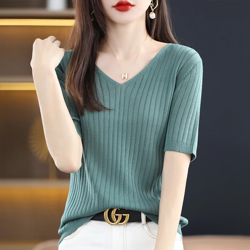 

Women Lyocell Solid Thin Tops 2024 Classic Summer Wild T-shirts Female Elasticity Fashion V-neck Short Sleeve High-grade Shirt