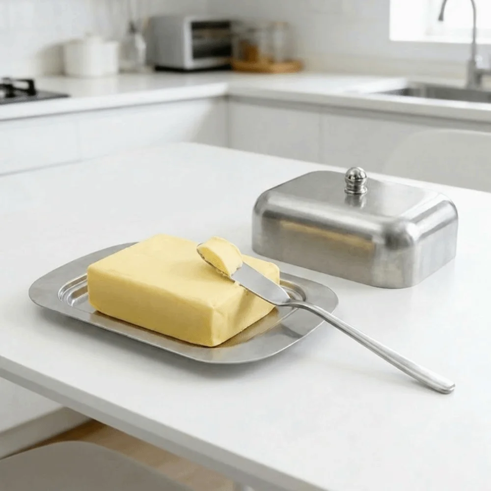 Contenedor de Mantequilla de Acero Inoxidable de Grado Alimenticio con Tapa, Bandeja para Mantequilla, Contenedor Hermético para Guardar Queso