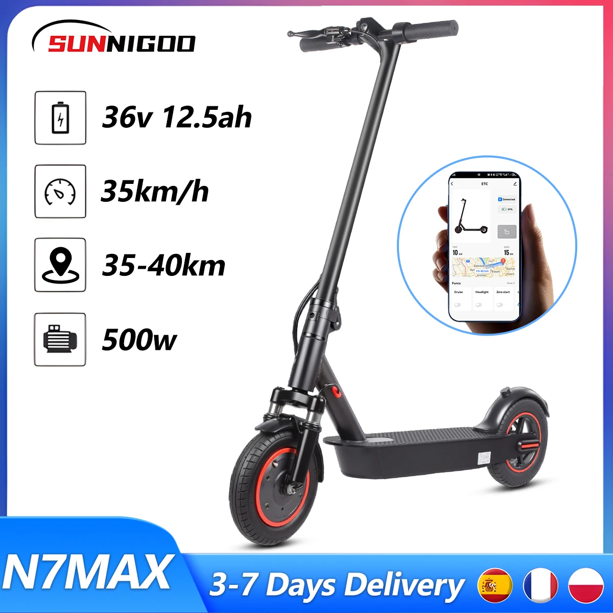 SUNNIGOO N7MAX Scooter électrique 500W moteur 36v12.5ah 35 KM/H vitesse maximale trajet longue portée avec Absorption des chocs APP Escooter