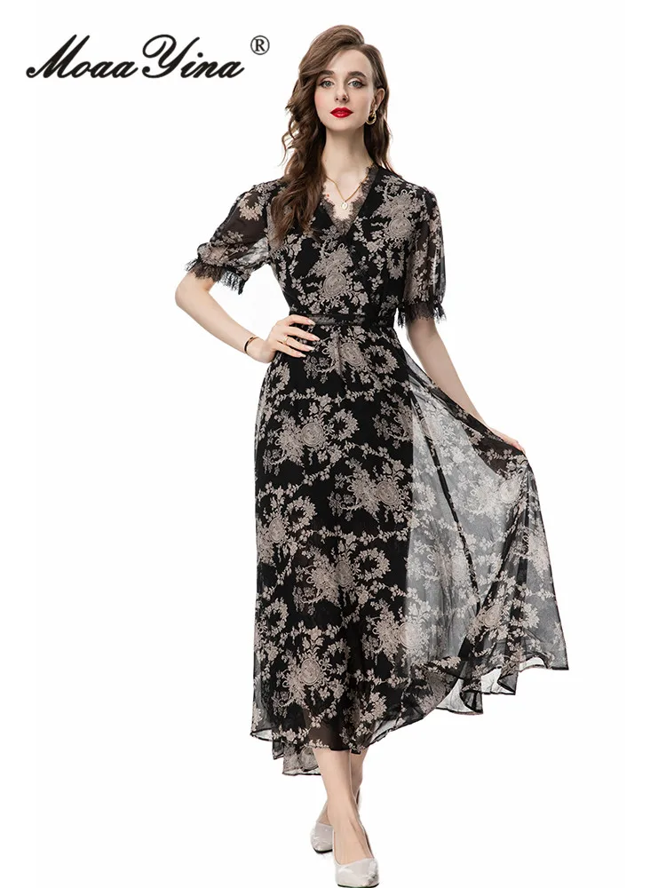 

MoaaYina Summer Fashion Designer High Quality Women Dress Vintage Print Chiffon Lace Tunics Puff Sleeve V-Neck Lrregular Dresses