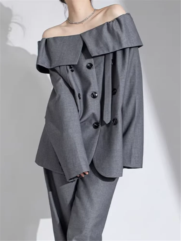 New Design Chic Loose Grey Suits Blazer Slash Neck Off Shoulder Oversize Long Jacket Coat Lazy Style Chic Double Breast Outwear