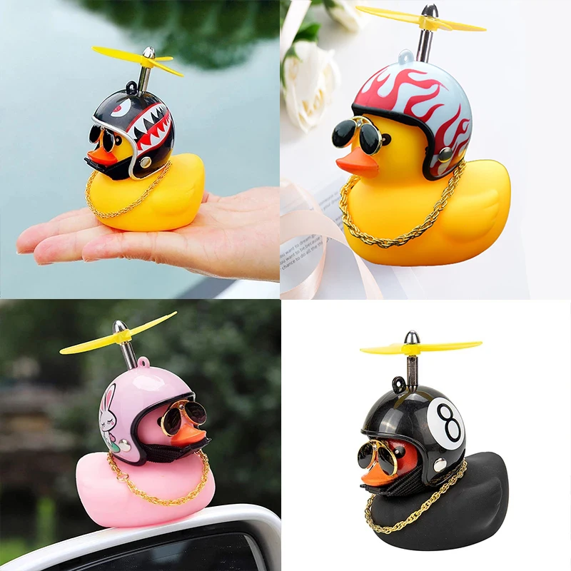 Niedliche Gummi-Ente Fahrradlenker-Dekoration mit Propellern, Brille, Goldkette, Schwarz-Gelbe Ente Fahrradhorn mit Riemen – Detail 3